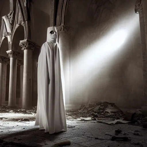 Image similar to a female banshee robed in white cloth standing inside a ruined cathedral, sunlight shining through the ceiling over the white clothed banshee, realistic lighting