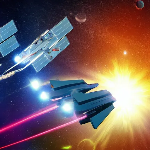 Prompt: three space ships battling in space. firing lasers and missiles, background event horizon, digital art, high res renders