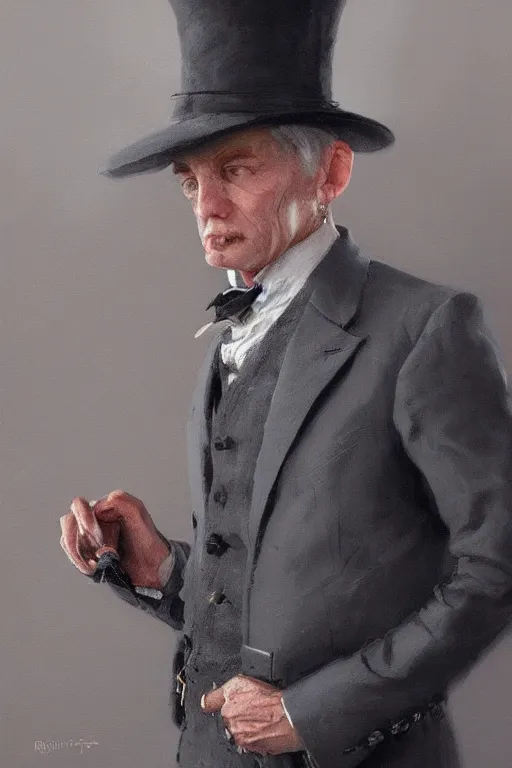 Image similar to a grey hair halfling top hat and suit no beard by Greg Rutkowski, painting, portrait, HD, high details, trending on artstation