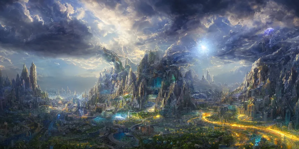 Prompt: a spiritual, Magical Portal Gateway, highly detailed, beautiful giant Sci-Fi flying Gleaming City, hovering over spetacular mountains, bright clouds, luminous sky, inspiring birds eye vista view, photorealistic, Vivarium, Theophanic atmosphere, Realistic, Refined, photo realistic surrealist painting realistic detailed digital art, Maxwell Boas, Jessica Rossier, Christian Dimitrov, Anton Fadeev, Michael Cheval, Digital Art, Highly Detailed, Oil digital painting, matte painting, William-Adolphe Bouguereau, Hieronymus Bosch, Oil Painting, Steampunk, Volumetric Golden dappled dynamic lighting, Cinematic Lighting, trending on Artstation CGSociety rendered in Unreal Engine, octane render, vray, magical atmosphere, trending on artstation, 30mm, by Noah Bradley trending on ArtStation, deviantart, high detail, stylized portrait