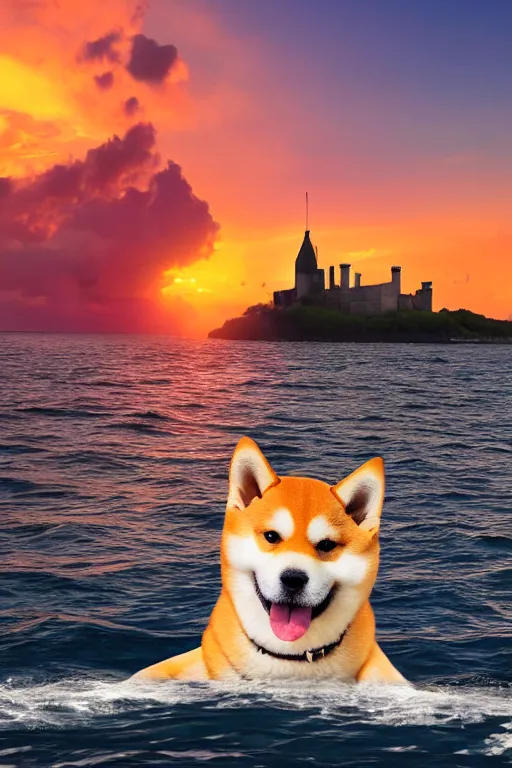 Prompt: a shiba inu sailing in the sea alone, with a castle in the background, sunset, epic, dramatic, realistic, 4k