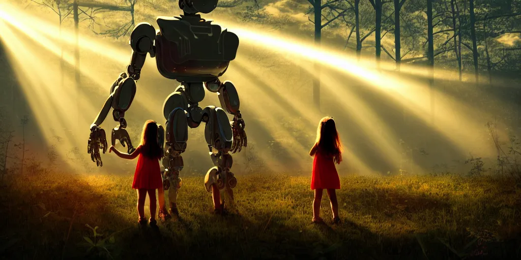 Prompt: sci - fi scene future new york, little girl alone holding onto the outstretched hand of a giant robot, forest punk, little girl meets robot, crepuscular rays, epic scene, hyper realistic, photo realistic, overgrowth, cinematic atmosphere, ethereal lighting,