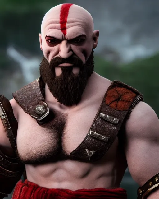 Image similar to kratos as a muppet. highly detailed felt. hyper real photo. 4 k.