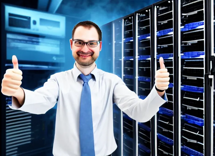 Image similar to A system administrator doing a thumb up to the camera in front on burning servers, servers in flames, happy system administrator doing a thumb up, uncropped, full body