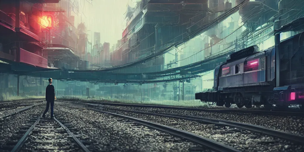 Image similar to a man standing in front of a train on a train track, cyberpunk art by mike winkelmann, trending on cgsociety, retrofuturism, reimagined by industrial light and magic, darksynth, sci - fi