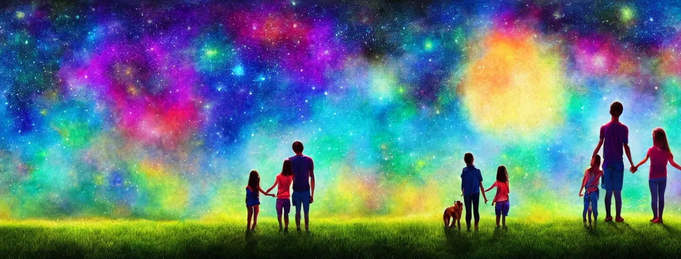 Image similar to rear view of a young couple and a kid standing in a small green planet, holding hands and a dog sitting next to them, looking to the night sky displaying an entire colorful universe, digital art, epic, colorful, highly detailed, watercolor