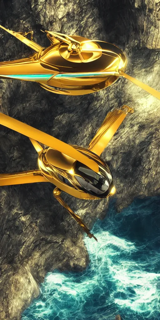 Prompt: a futuristic helicopter with golden canopy hovering in a massive cave that is overlooking the ocean with 1 0 0 ft waves, 4 k, hyper realistic, coherent design, symmetrical, vivid colour, complementary colour, golden ratio, detailed, sharp lines, intricate, rainbow shift, in unreal 3 d engine, ray tracing, octane render