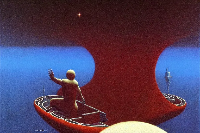 Image similar to astronaut in rubber boat, in the style of beksinski, parts by roger dean, parts by dean ellis, intricate and epic composition, white by caravaggio, insanely quality, highly detailed, masterpiece, white light, artstation, 4 k
