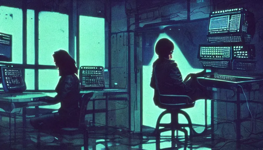 Prompt: 1 9 8 0 movie still, beautiful female neuromancer, sitting on a chair, computer brain interface, wires, computers, circuits, cinestill 8 0 0 t 3 5 mm, high quality, heavy grain, neon, cyberpunk, punk, shadowrun, dirty, high detail, panoramic, cinematic composition, dramatic light, ultra wide lens, anamorphic