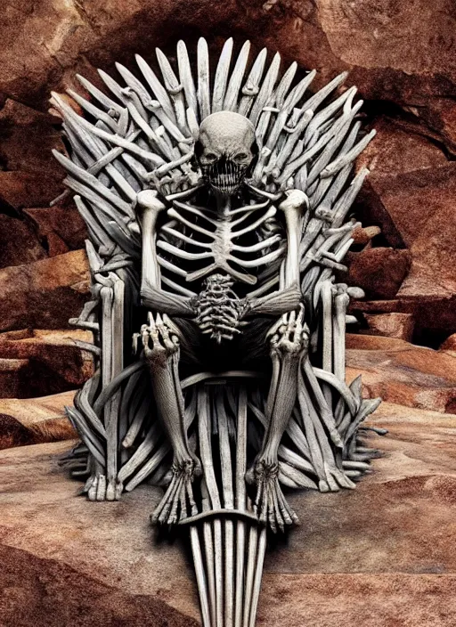 Prompt: hyper realistic photography of intricate horrific alien bone skeleton god sitting on iron throne in a rocky cave detailed, artstation, cgsociety