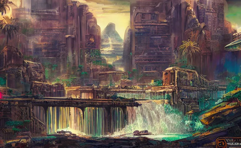 Image similar to ancient egyptian cityscape with waterfalls, retrowave epic art, trending on art station