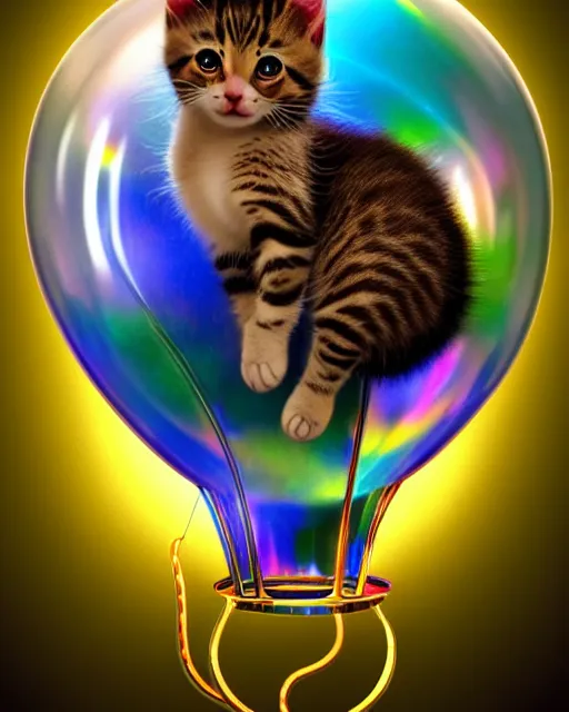 Prompt: cute kitten inside an ornate flying balloon of iridescent liquid, alchemy, shiny plastic, intricate, bloom, detailed, volumetric lighting, sharp focus, photorealism, digital painting, highly detailed, concept art, by by artgerm and wlop