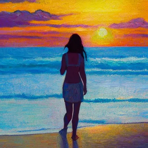 Prompt: lonely young woman wandering a beach at sunset, stylized, oil painting, warm lighting, city skyline