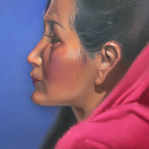 Prompt: profile portrait in peruvian realist style ( 1 9 5 4 ), indigo, quinacridone magenta, mars black, modeled lighting, detailed, expressive, shadows