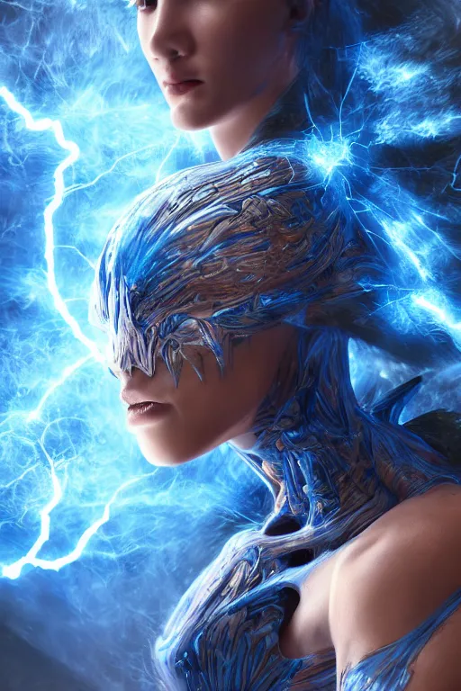 Prompt: photography of a hyper realistic highly detailed stunning expressive humanoid creature, controls complex and highly detailed blue lightning strikes as a super power. professionnal digital art, artstatiom, stuning, intricate, complex, unreal engine 5.