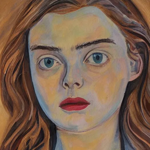 Image similar to professional painting of Elle Fanning in the style of Maurice Prendergast, head and shoulders portrait, symmetrical facial features, smooth, sharp focus, illustration, intricate, stormy weather, extremely detailed masterpiece,