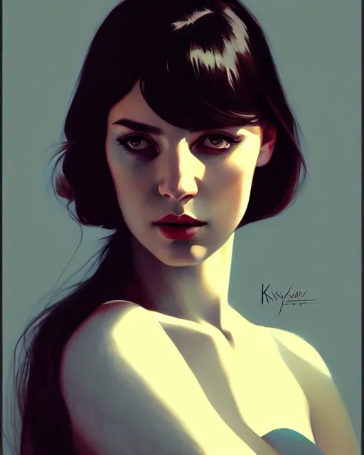 Image similar to stylized portrait of an artistic pose, composition, dark sensual mysterious young lady, cinematic moody colors, one single head, realistic shaded, fine details, realistic shaded lighting poster by ilya kuvshinov, magali villeneuve, artgerm, jeremy lipkin and michael garmash and rob rey