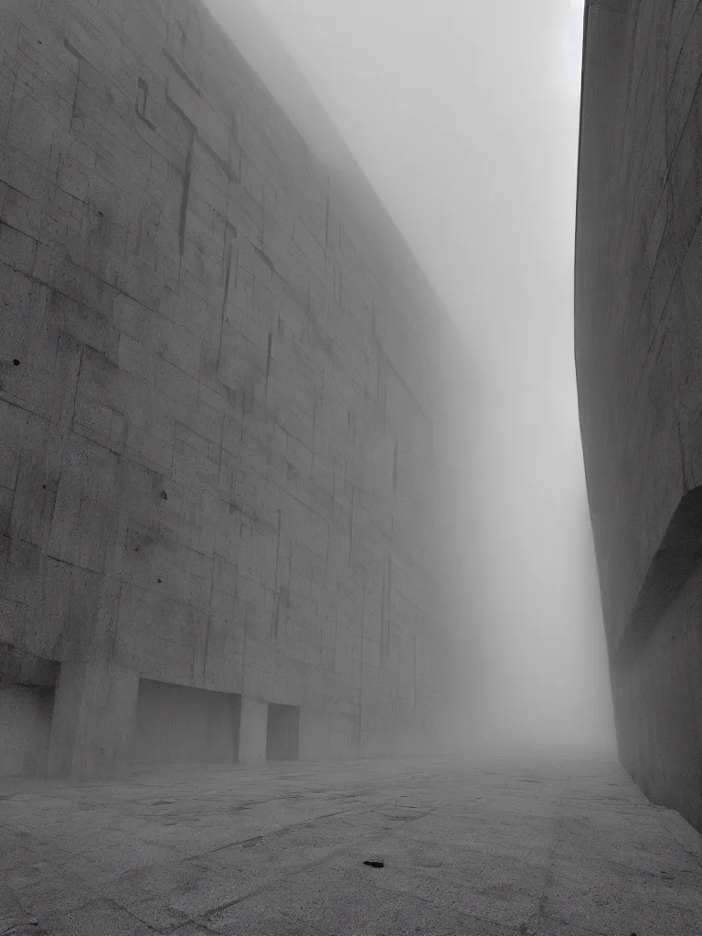 Image similar to High resolution black and white photograph with a 22 mm F/12.0 lens of a Brutalist architectural building in Bulgaria in the 1970s in the middle of a deserted nowhere while foggy and cloudy.