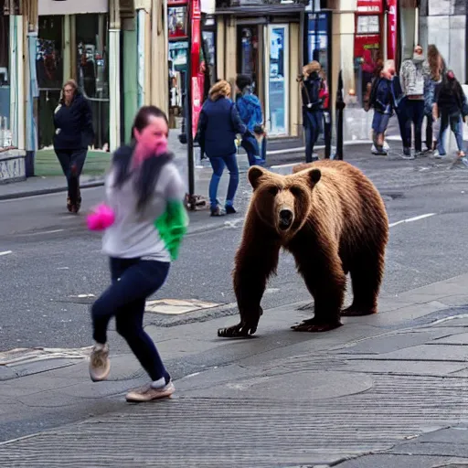 Image similar to brown bear chasing tourist on O'Connell street, Dublin city, hidden camera, photograph, 8k