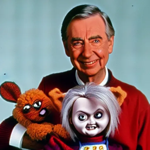 Image similar to Chucky the killer doll being held by Mr. Rogers