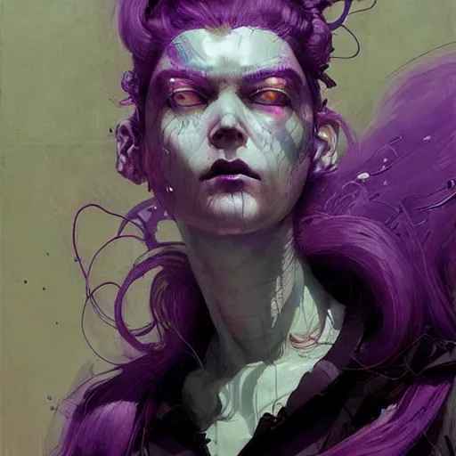 Image similar to pale woman in sci - fi power armor with purple hair, powerful, domineering, stoic, masterful, intense, in the style of adrian ghenie, esao andrews, jenny saville,, surrealism, dark art by james jean, takato yamamoto