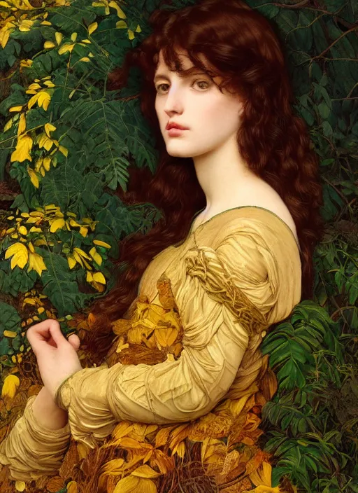 Image similar to masterpiece beautiful seductive flowing curves preraphaelite face portrait amongst leaves, extreme close up shot, straight bangs, thick set features, yellow ochre ornate medieval dress, raven, amongst foliage mushroom forest circle arch framing, frederic leighton and kilian eng and rosetti, 4 k