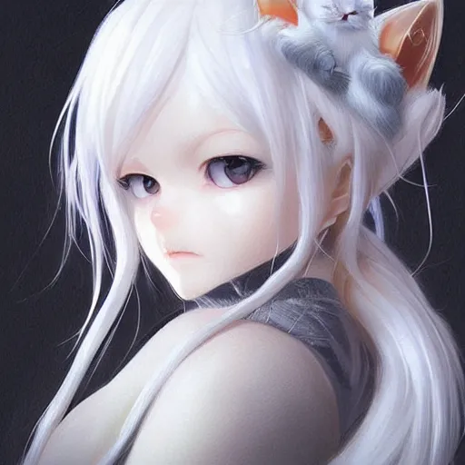 Image similar to Adorable Cat girl, white hair and Luminescent eyes, highly detailed, by Range Murata, artgerm, digital illustration, beautiful, concept art