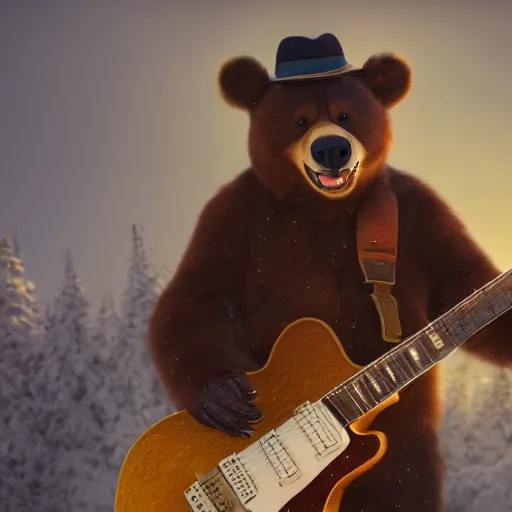 Image similar to smiling brown bear playing yellow Gibson Flying-V guitar in hat in winter at streets of Moscow, sharp focus, fantasy style, octane render, volumetric lighting, 8k high definition, by greg rutkowski, highly detailed, trending on art Station