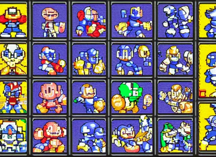 Image similar to screenshot of a 1 9 9 3 1 6 - bit snes mega man game stage - select screen consisting of a grid of 9 framed portraits of cute evil robots.