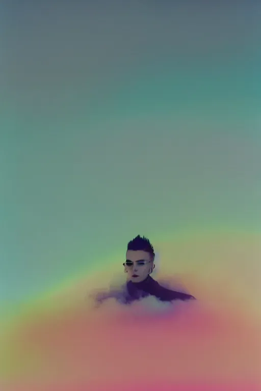 Prompt: high quality pastel coloured film close up wide angle photograph of bill kaulitz wearing clothing swimming on cloud furniture in a icelandic black rock environment in a partially haze filled dreamstate world. three point light, rainbow. photographic production. art directed. pastel colours. volumetric clouds. pastel gradient overlay. waves glitch artefacts. extreme facial clarity. 8 k. filmic.