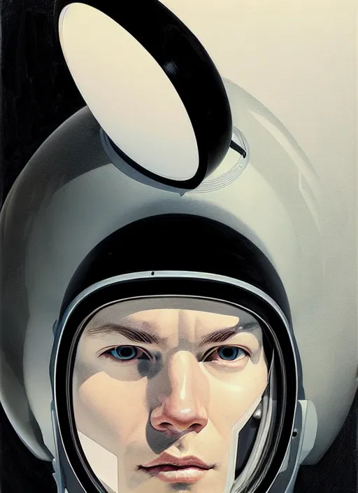 Image similar to artwork by james jean and Phil noto; a close up on the face of a beautiful man in a future space suit; wearing futuristic astronaut helmet; highly detailed; pretty eyes; circular black pupils; artwork by james jean and Phil noto