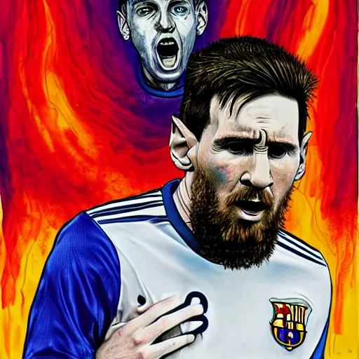 Image similar to peripheral lobotomy of messi, in the style of cyborg adi granov, colourful hand drawing, beautiful faces, dramatic, tragic, intricate, detailed, beautiful