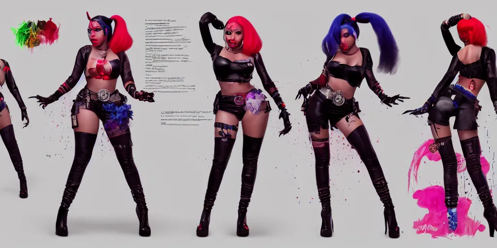 Image similar to nicki minaj as harley quinn, character sheet, concept design, contrast, hot toys, kim jung gi, greg rutkowski, zabrocki, karlkka, jayison devadas, trending on artstation, 8 k, ultra wide angle, pincushion lens effect