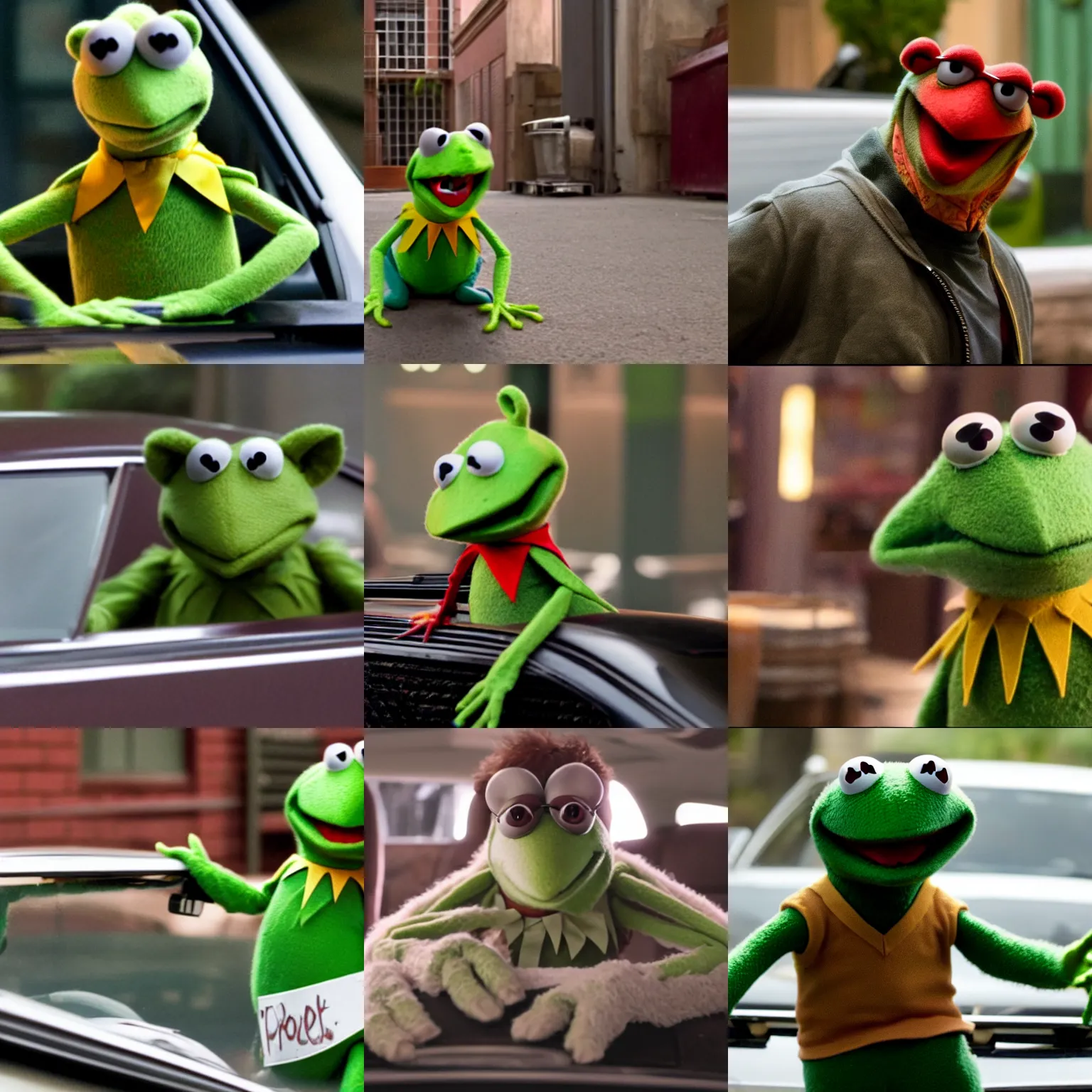 Prompt: a movie still of Kermit the Frog in Drive (2012)