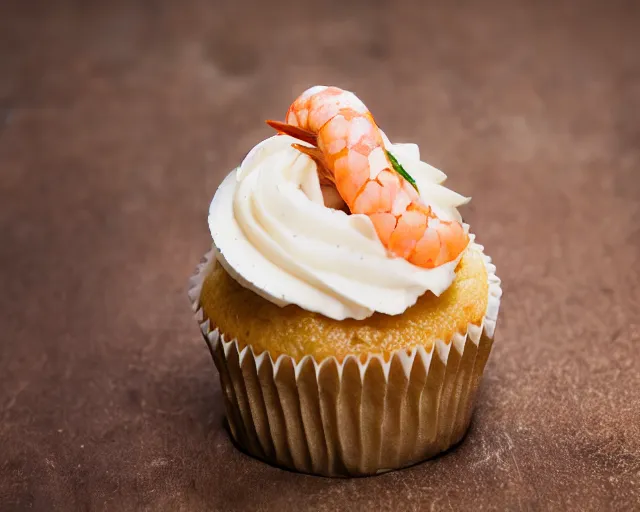 Image similar to dslr food photograph of a cupcake with a shrimp on top, 8 5 mm f 1. 4