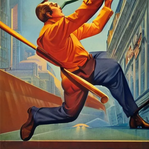 Prompt: art deco propaganda poster of robert mueller destroying wall with sledgehammer by j. c. leyendecker, bosch, lisa frank, jon mcnaughton, and beksinski