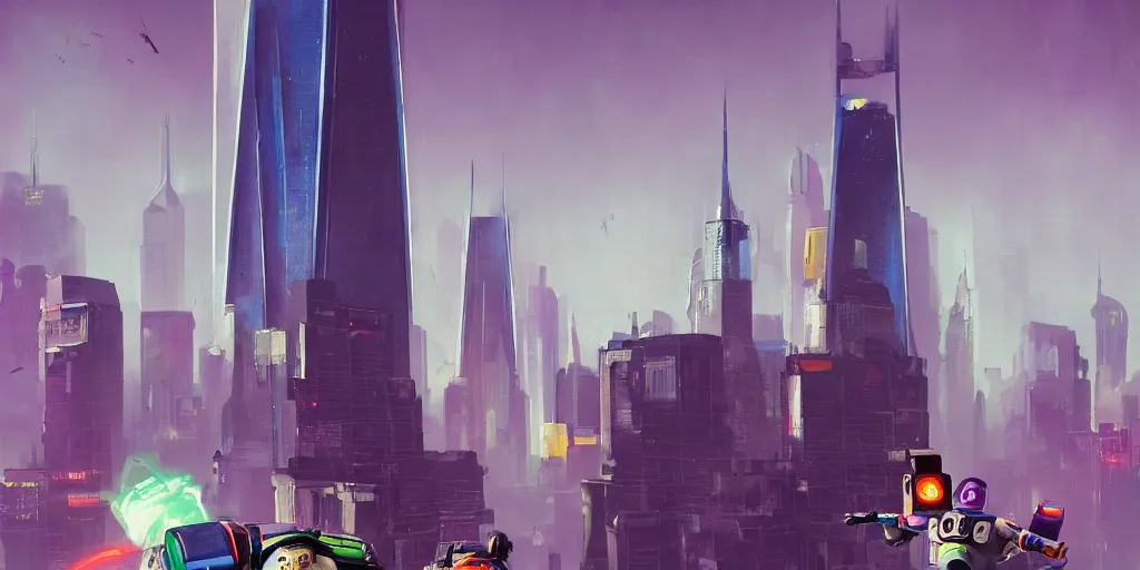 Prompt: a colorful comic noir illustration painting of a cyberpunk buzz lightyear flying by the twin towers, world trade center, by sachin teng and sergey kolesov and ruan jia and heng z. hyper detailed. octane render. trending on artstation