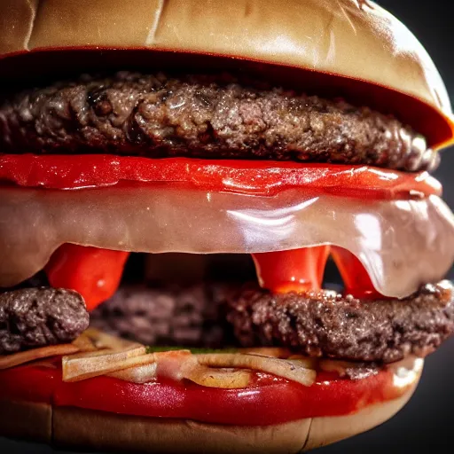 Image similar to burger with teeths haunts you for the rest of your life, horror, blood, creepy burger, 8 k, realistic, hdr, clear image,