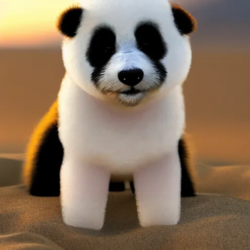 Image similar to a closeup photorealistic photograph of panda themed white bichon frise smiling on the beach at sunset. This 4K HD image is Trending on Artstation, featured on Behance, well-rendered, extra crisp, features intricate detail and the style of Unreal Engine.