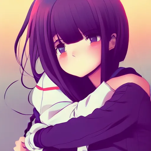 Image similar to cute anime girl hugging a pillow. in the style of Tomas Sanchez and Simon Stålenhag and krenz cushart and ilya kuvshinov. pixiv fanbox skeb.jp clipstudio medibang ichi-up CGWORLD key visual manga cover