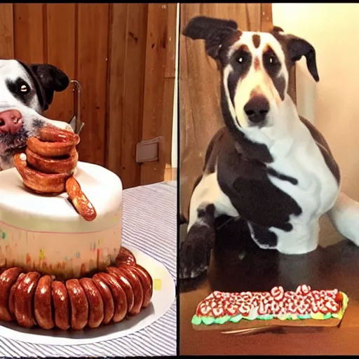 Image similar to a big dog drooling over a birthday cake made entirely of sausages