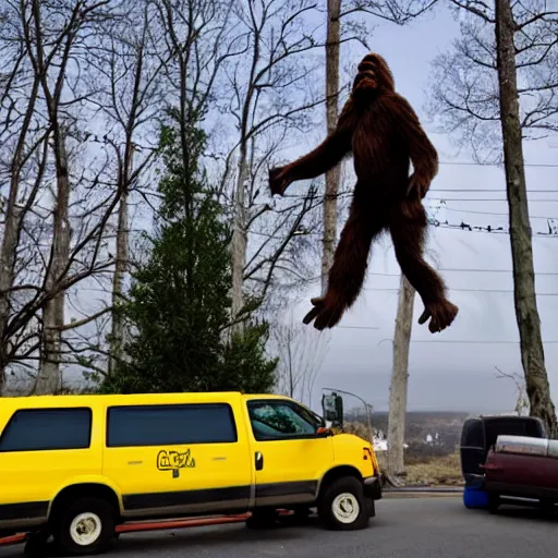 Prompt: bigfoot stomping on top of roof of clown van