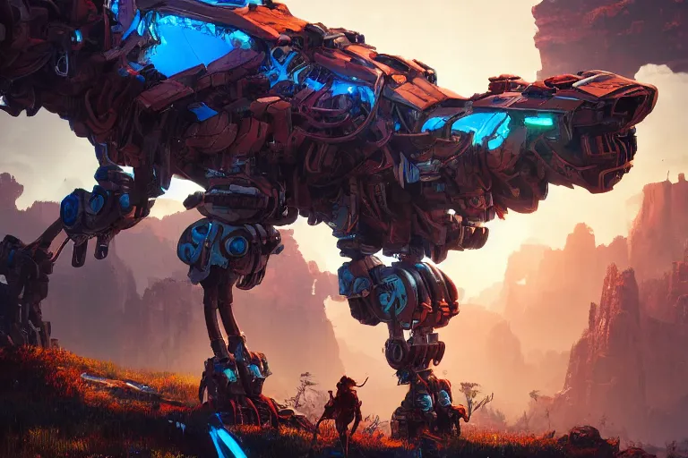 Prompt: thunderjaw machine mecanical creature robot of horizon forbidden west horizon zero dawn bioluminiscence global illumination ray tracing hdr fanart arstation by ian pesty and alena aenami artworks in 4 k