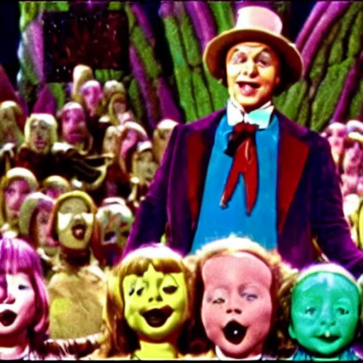 Image similar to film still of the ritual sacrifice scene from willy wonka & the chocolate factory (1971)