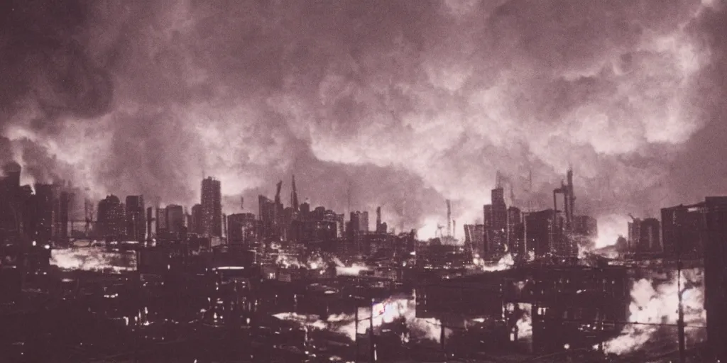 Prompt: vintage analog photograph of a futurist city on fire, multiple flames, with gigantic smoke clouds visible above the skycrapers, heavy film grain, neon lights, rain red color bleed, rich azure tones