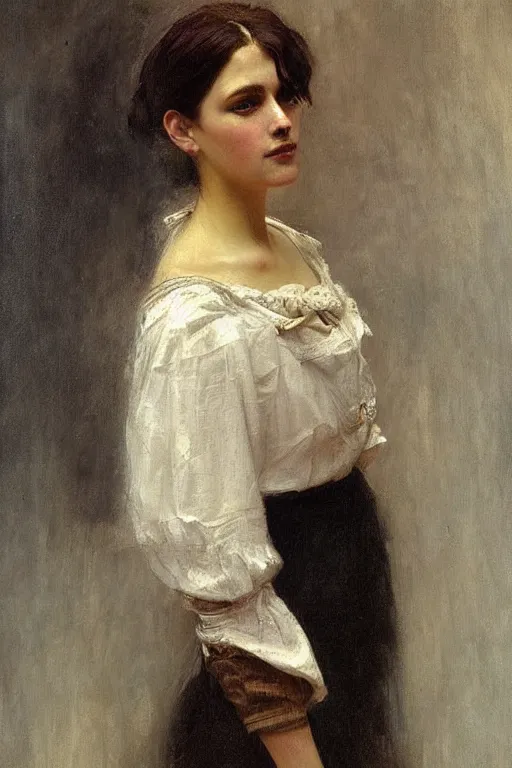 Image similar to Solomon Joseph Solomon and Richard Schmid and Jeremy Lipking victorian genre painting full length portrait painting of a young beautiful woman victorian german bar maid