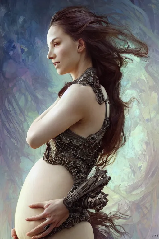 Image similar to ** professional portrait of pregnant peacefull cryogenic female dynamic pose , armor elements , long dark hair, beautiful bone structure, symmetrical facial features, intricate, elegant, digital painting, concept art, smooth, sharp focus, illustration, by Ruan Jia and Mandy Jurgens , and mucha, and Artgerm and William-Adolphe Bouguerea