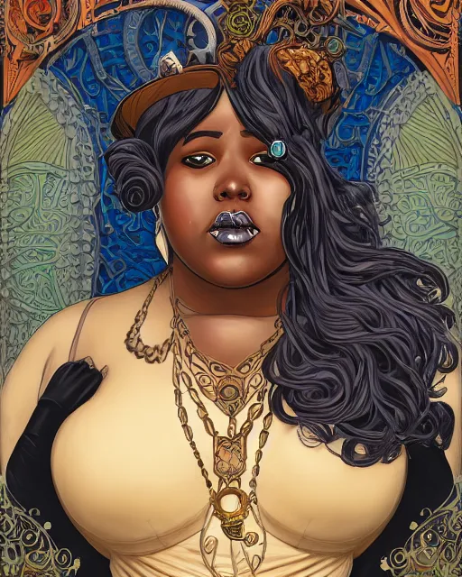 Image similar to a detailed portrait illustration of a steampunk sorceress - laywer. beautiful obese black female face, very dark skin. art nouveau, pop art, comic book style. influenced by neil gaiman, h. p. lovecraft, dan mumford, brian froud, kehinde wiley, killian eng, ross tran.