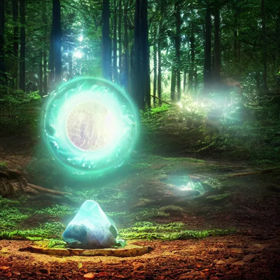 Image similar to magic stone portal in the forest, splash art, movie still, cinematic lighting, dramatic, octane render, long lens, shallow depth of field, bokeh, anamorphic lens flare, 8k, hyper detailed, 35mm film grain