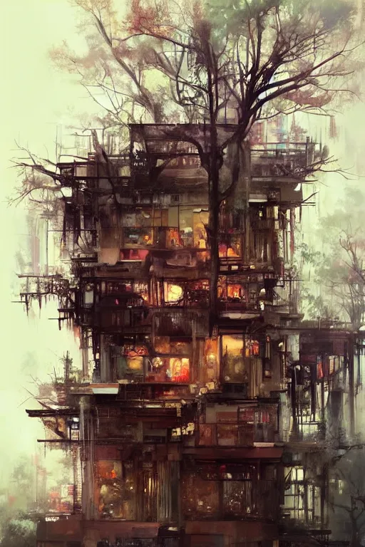 Image similar to (((((a ramshackle Manhattan brick brownstone deep in the forest))))) by Wenjun Lin!!!!!!!!!!!!!!!!!!!!!!!!!!!